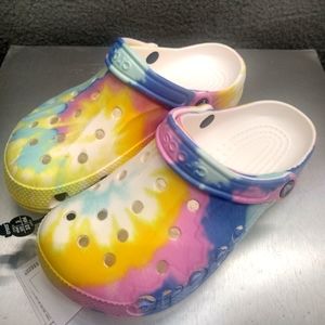 CROCS Baya Tie Dye Clog Womens Size 8 Mens 6 Pastels in Pink Blue Yellow Aqua